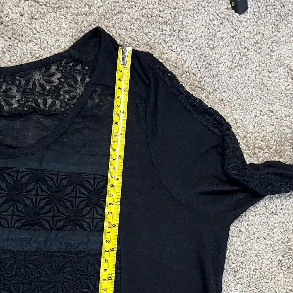 Free People New Romantics Black Sheer Long Sleeve Top Lace Inset Size Small